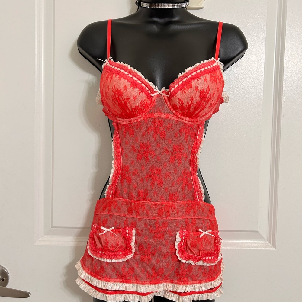 Red Lace Apron-Style Lingerie Set